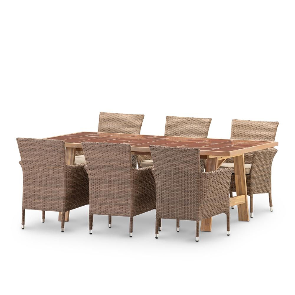 Conjunto mesa cerámica terracota 205x105 y 6 sillas apilables ratán - Bisbal & Bolonia