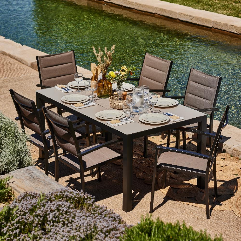 Conjunto Mesa Fija 160×90 Y 6 Sillas Jardín Marrón - Tokyo