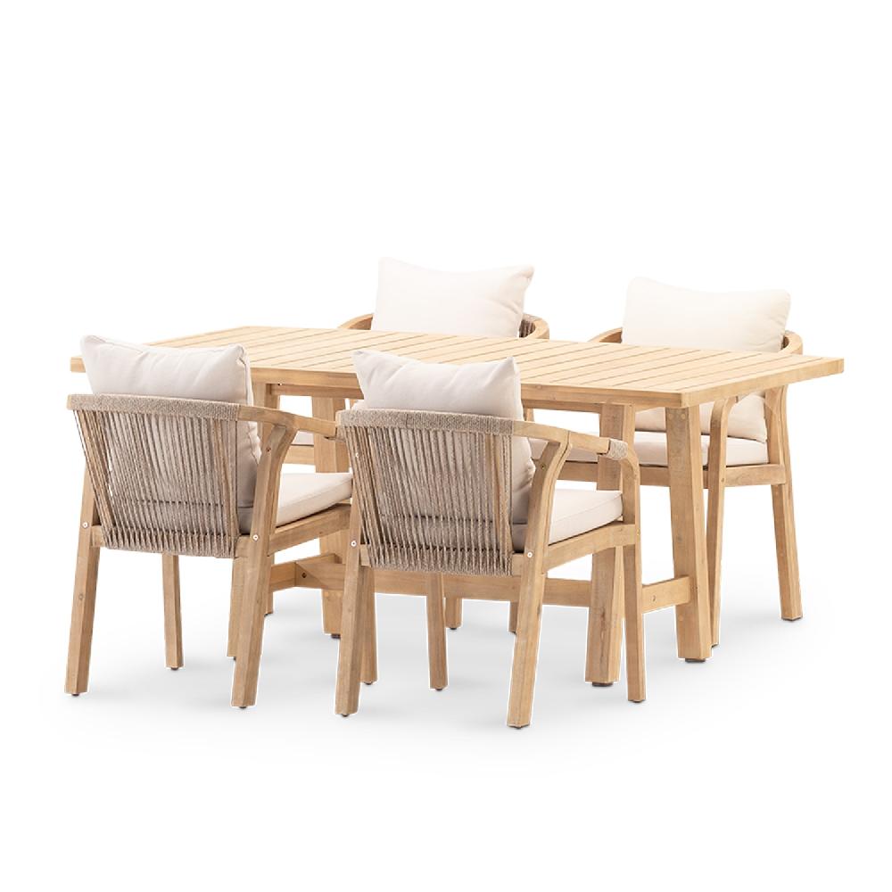 Conjunto mesa jardín 170×90 cm y 4 sillas madera y cuerda - Siena