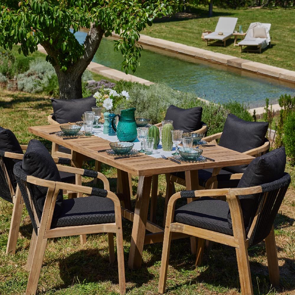 Conjunto Mesa Jardín 230×100 Cm Y 8 Sillas Madera Y Cuerda Negra - Zanzibar