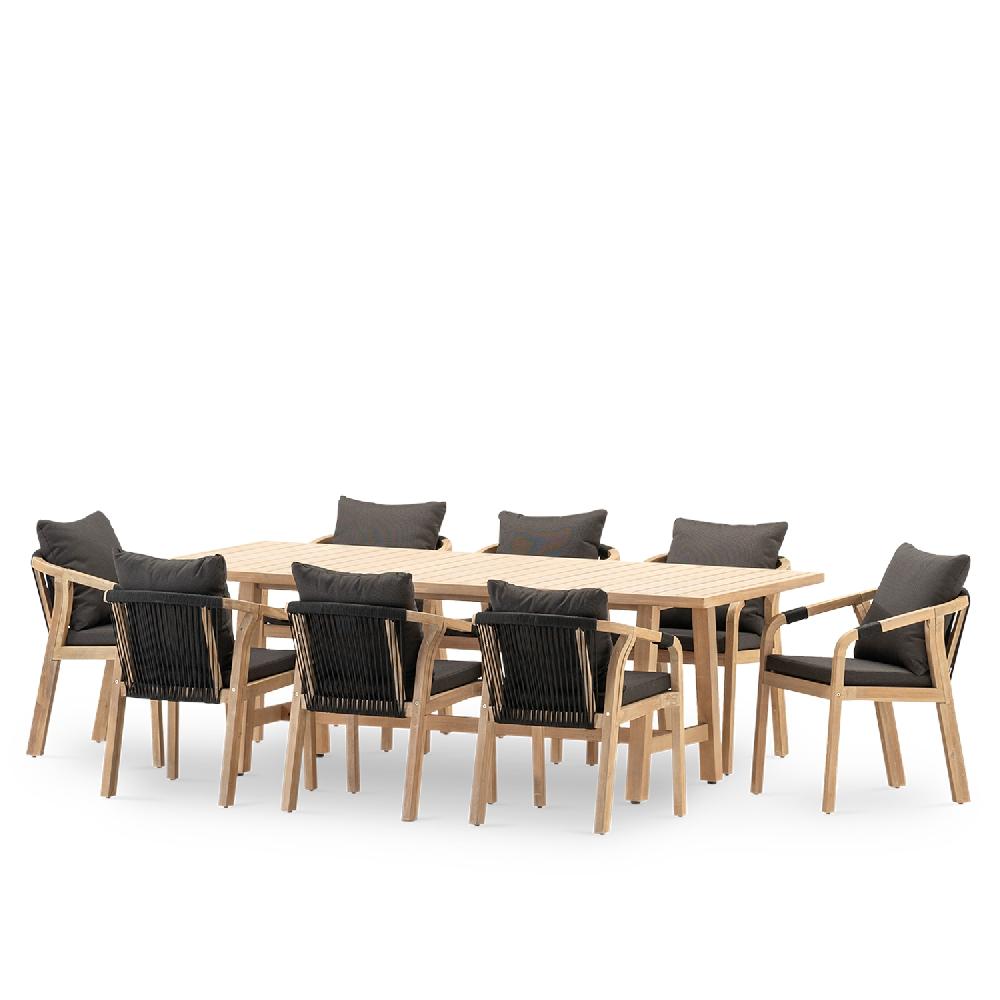 Conjunto mesa jardín 230×100 cm y 8 sillas madera y cuerda negra - Zanzibar