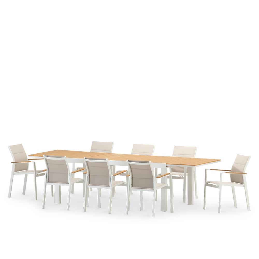 Conjunto mesa jardín 300/200x100 cm y 8 sillas aluminio blanco y textileno acolchado - Osaka