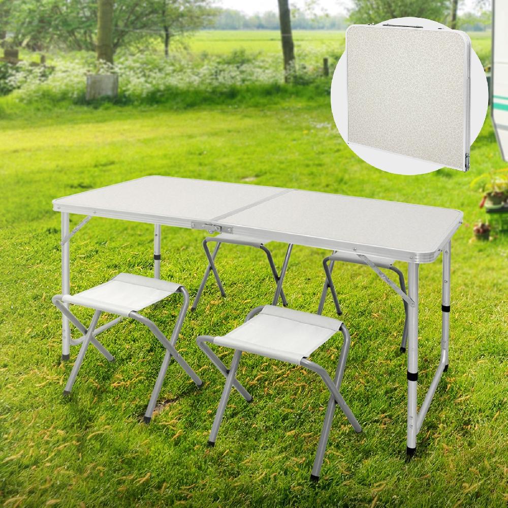 ECD Germany Mesa Plegable De Camping Con 4 Taburetes 120 X 60 X 55/63/70 Cm Altura Ajustable Con Bisagras Blanco/Crema Mesita Auxiliar Multiusos Alumi