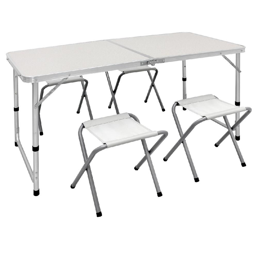ECD Germany Mesa Plegable de Camping con 4 Taburetes 120 x 60 x 55/63/70 cm Altura Ajustable con Bisagras Blanco/Crema Mesita Auxiliar Multiusos Alumi