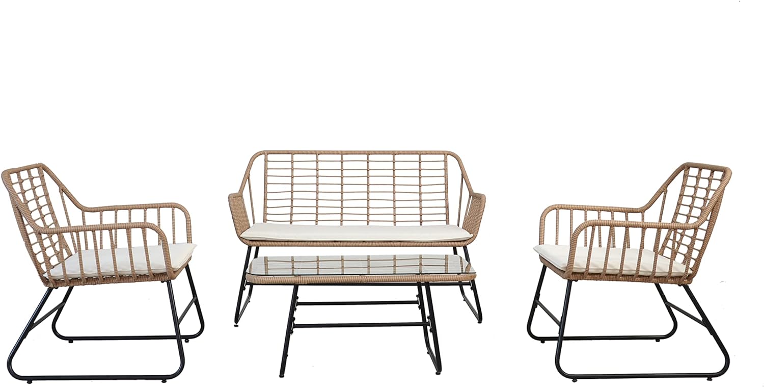 Garden Friend SALOTTO CEBU (mesa Sofá 2 Sillones) Estructura De Acero Negro Tapicería De Poliratán Color Natural Cojines Blancos