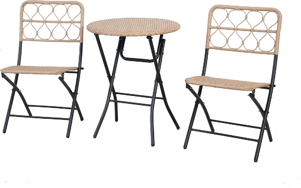 Garden Friend SALOTTO MAUI (mesa redonda y 2 sillas plegables) estructura de acero negro tapicería de poliratán color natural