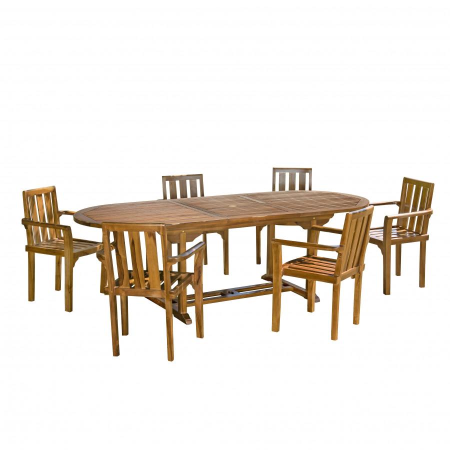 HANNA - Conjunto De Muebles De Jardín En Madera De Teca Aceitada Para 8/10 Personas - 1 Mesa Oval Extensible 180/240*100 Cm Y 6 Sillones Apilables