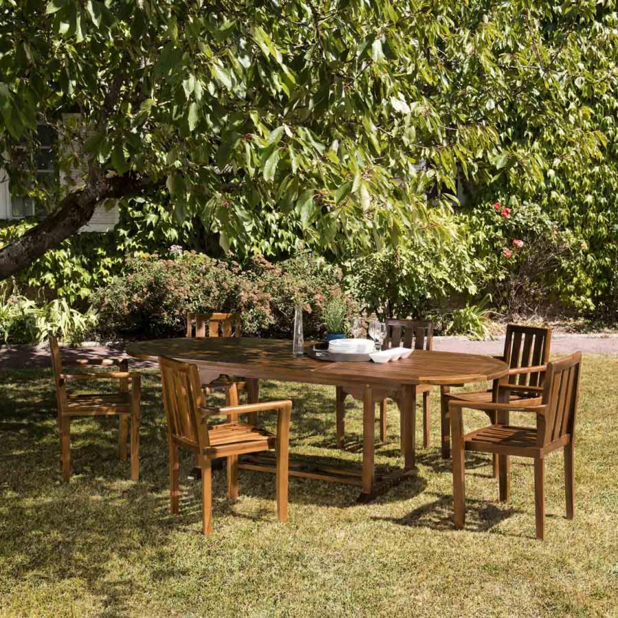 HANNA - Conjunto De Muebles De Jardín En Madera De Teca Aceitada Para 8/10 Personas - 1 Mesa Oval Extensible 180/240*100 Cm Y 6 Sillones Apilables