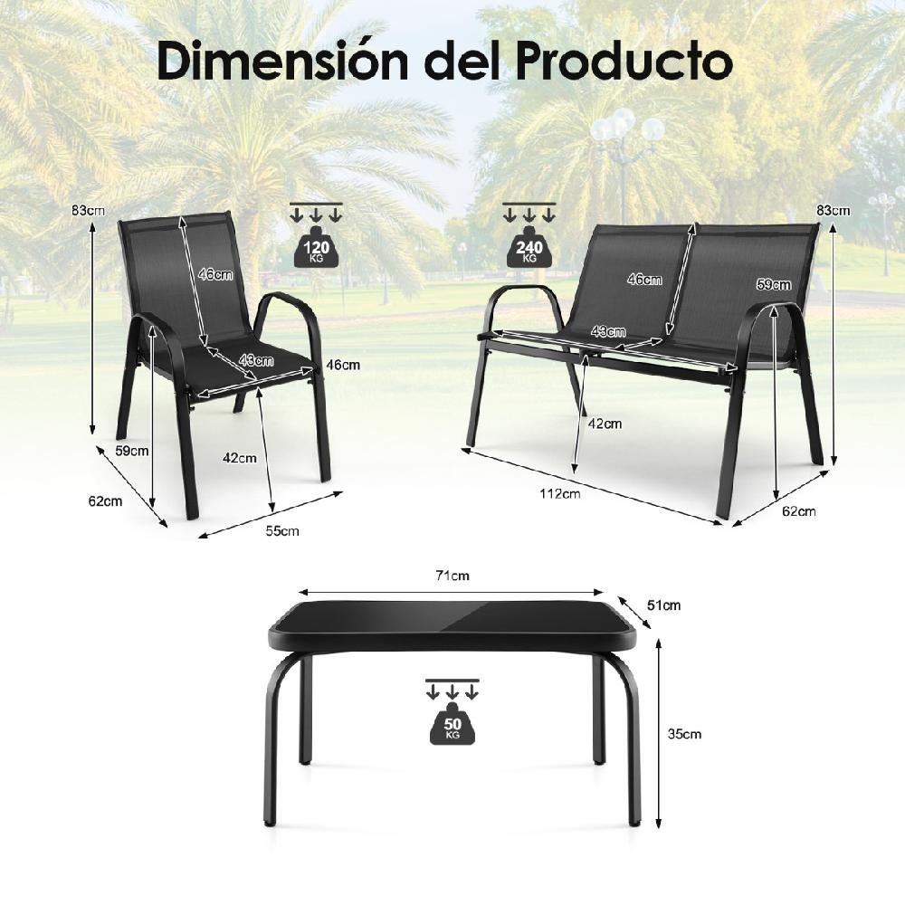 Juego 4 Piezas Muebles Jardín Mesa Café Cristal Templado Banco 2 Sillas Conversación Patio Piscina CSW479415