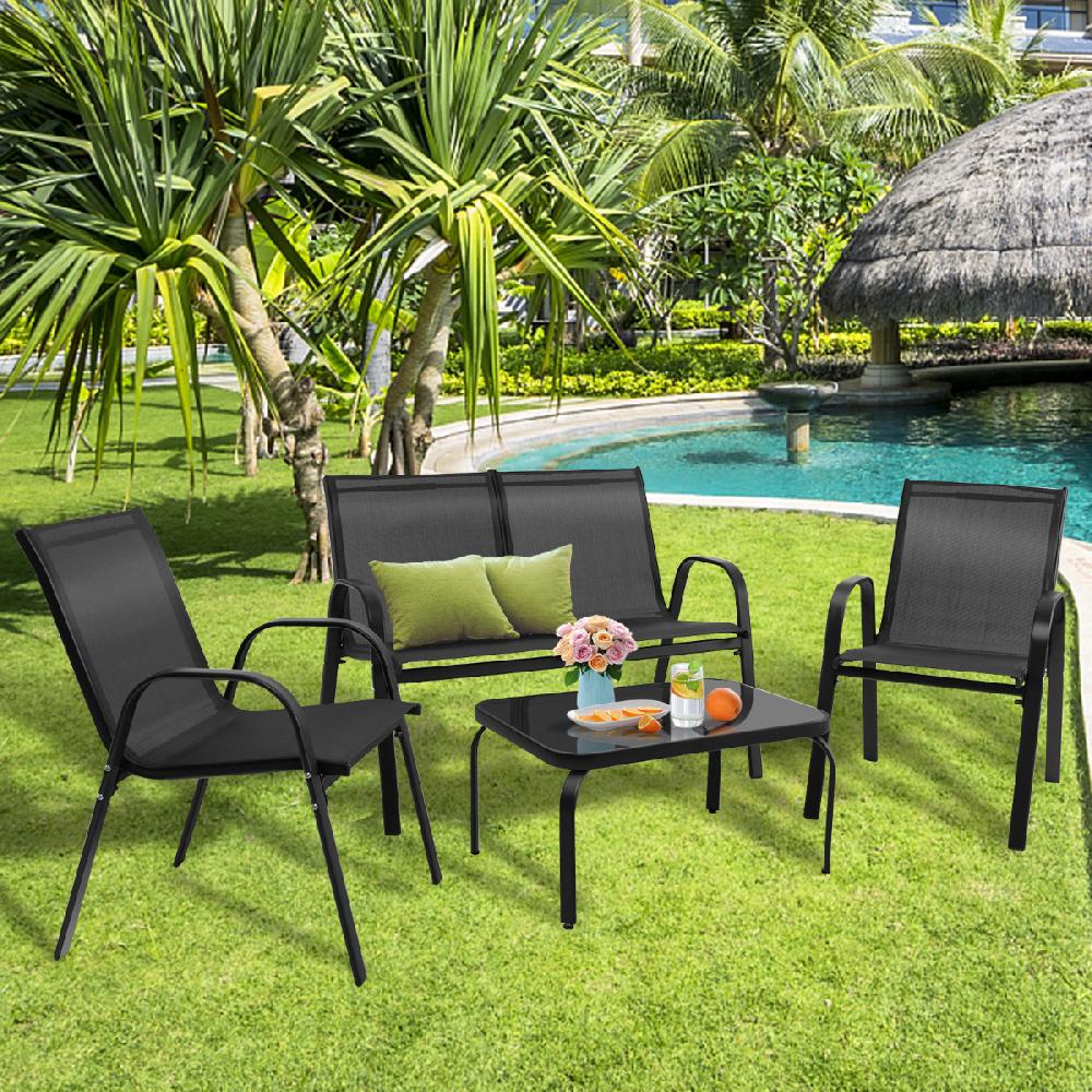 Juego 4 Piezas Muebles Jardín Mesa Café Cristal Templado Banco 2 Sillas Conversación Patio Piscina CSW479415