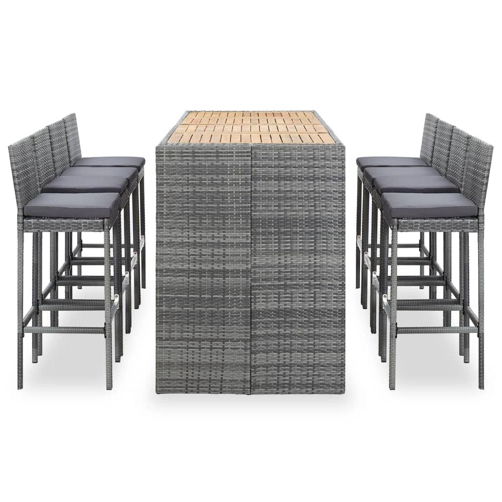 Juego de bar 9 piezas Mimbre de resina y madera de acacia Gris