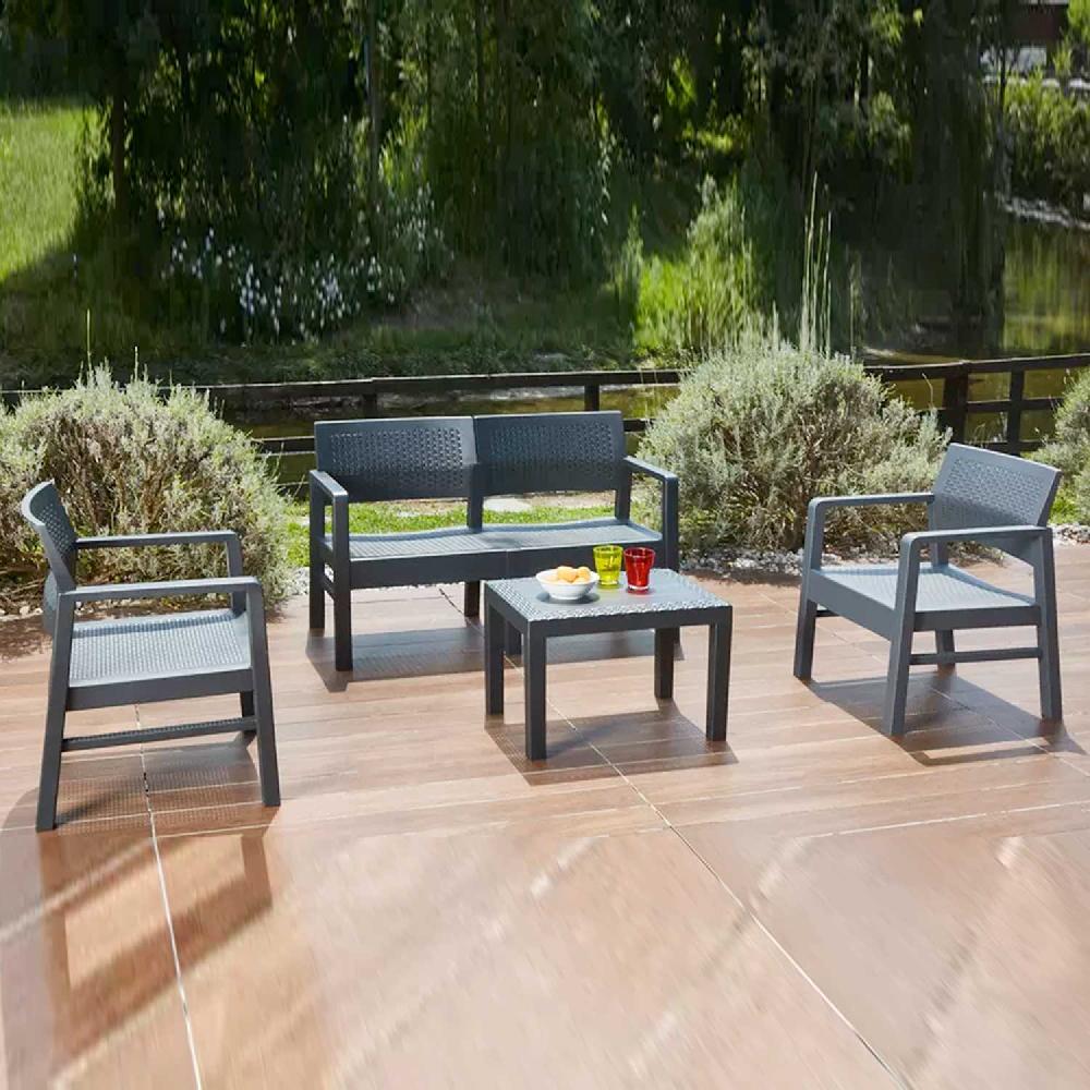 Kilimanjaro - Conjunto De Jardín Contemporáneo Con Sofá + 2 Sillones + Mesa De Centro De Poliratán Antracita Con Cojines