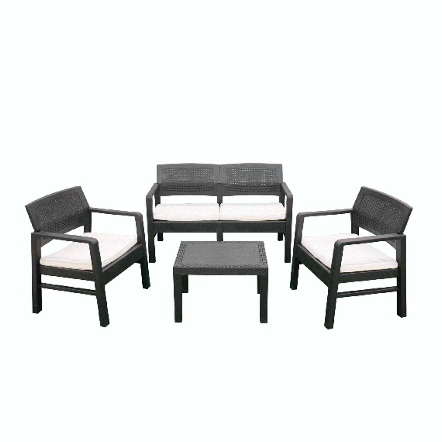 Kilimanjaro - Conjunto de jardín contemporáneo con sofá + 2 sillones + mesa de centro de poliratán antracita con cojines