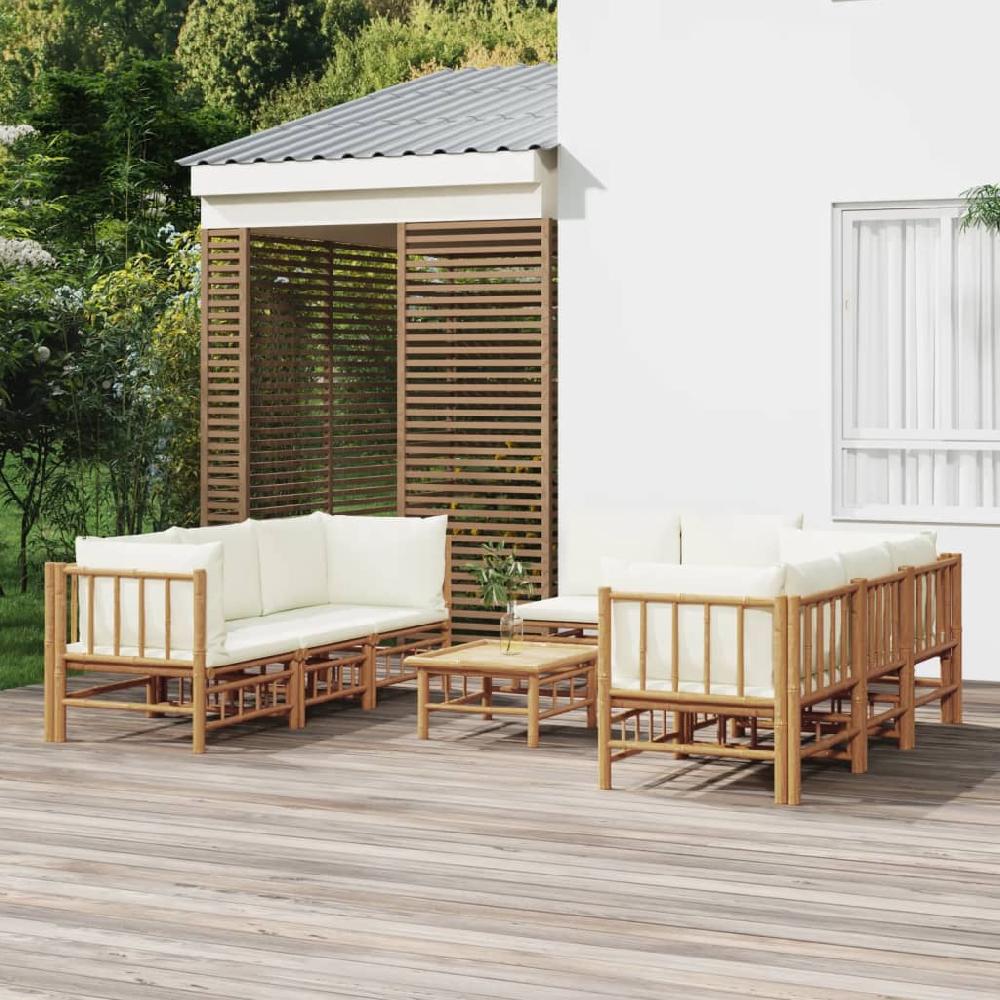Maison Exclusive - Set de muebles de jardín 9 piezas bambú y cojines blanco crema