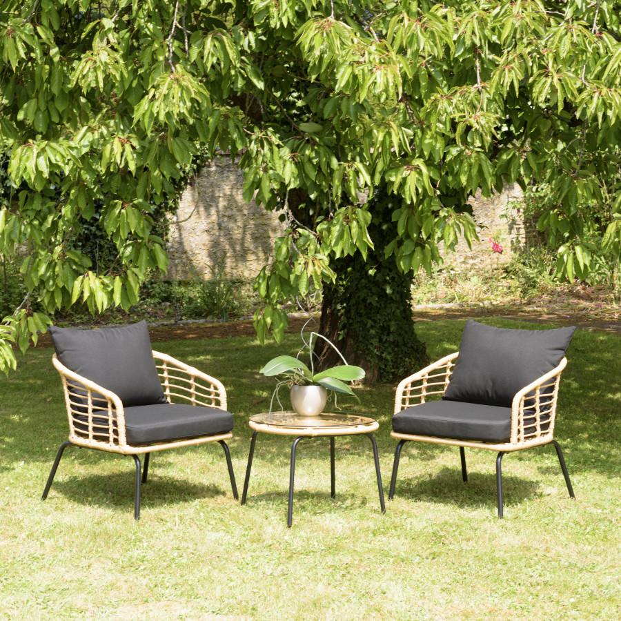 MALO - Conjunto De 2 Sillones De Ratán Sintético Y Mesa De Centro Redonda