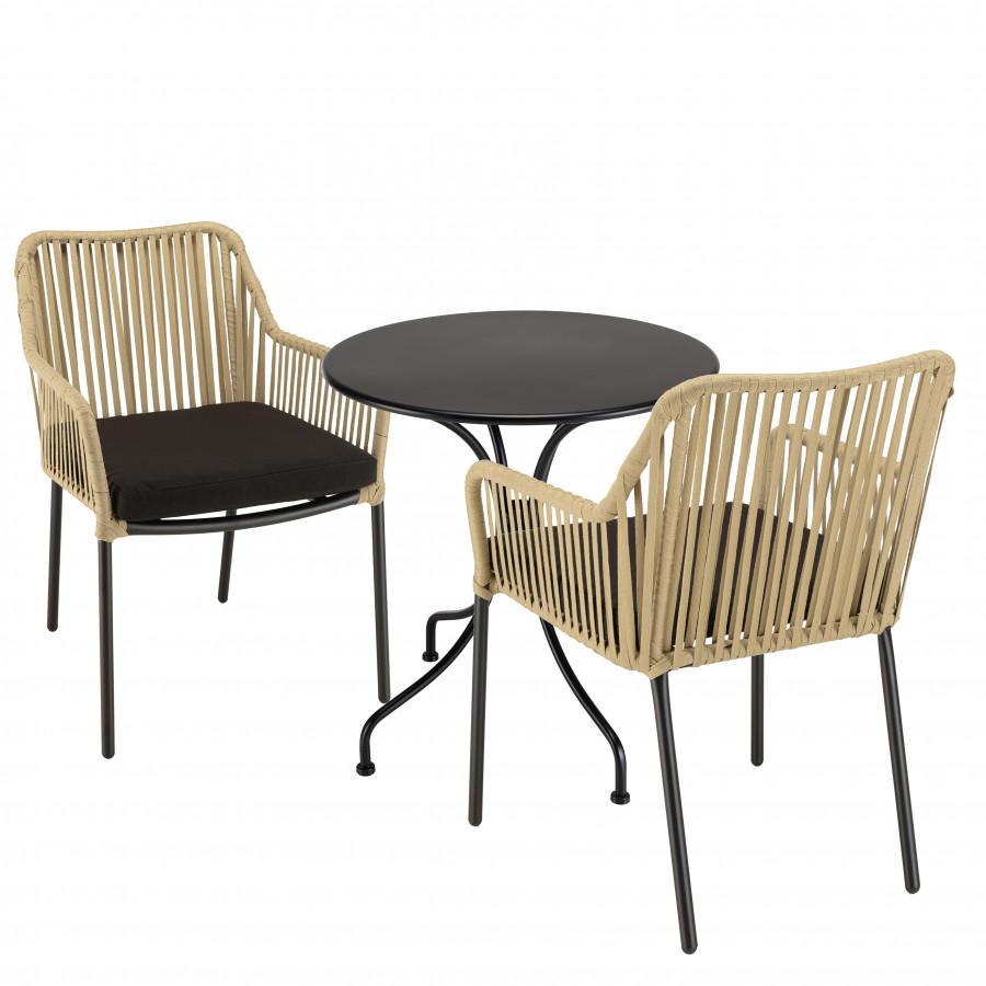 MALO - MUEBLES DE JARDÍN PARA 2 PERSONAS - Mesa Redonda 70x70cm Y 2 Sillones De Cuerda Beige Y Negra