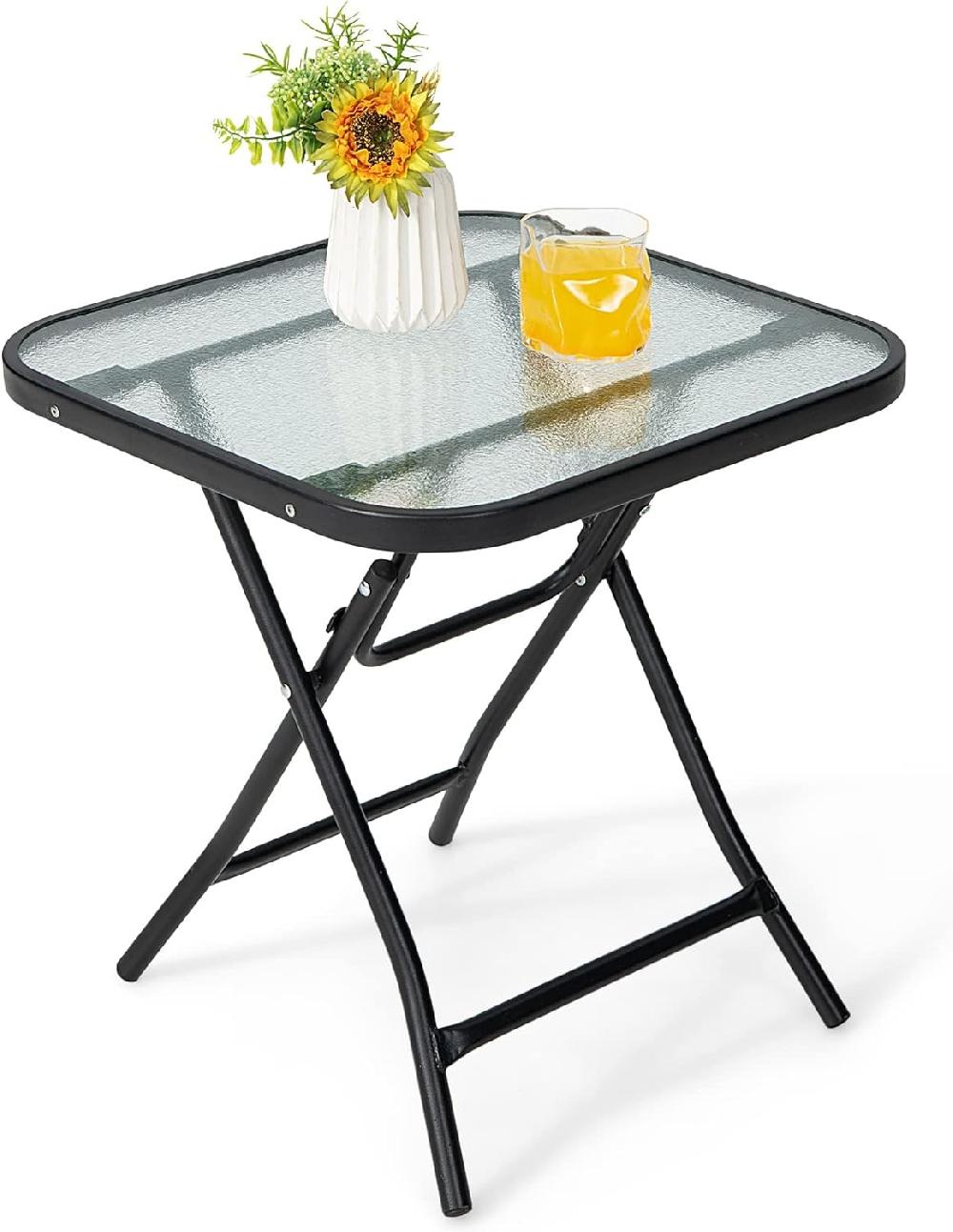 Mesa auxiliar cuadrada plegable portátil de cristal para terraza de 46 5 cm con estructura de metal bandeja de cristal templado mesa baja