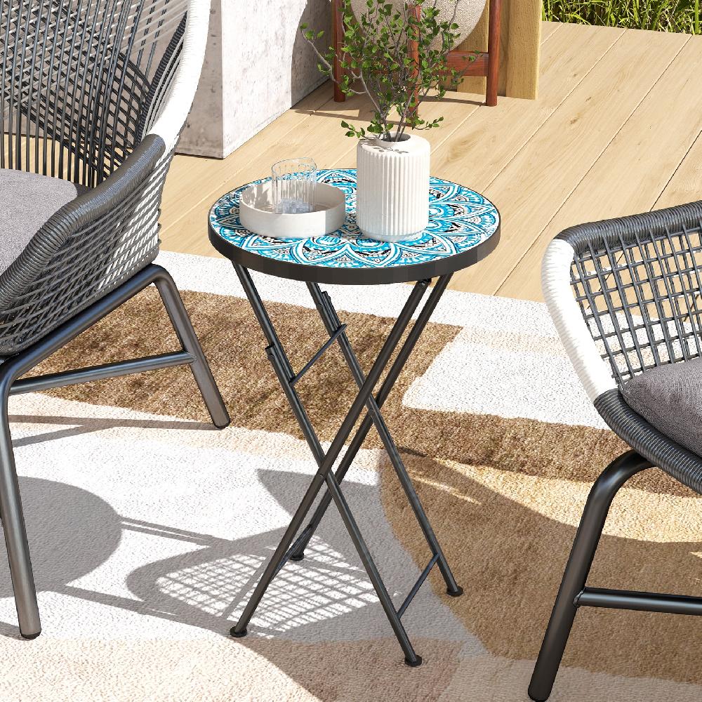 Mesa Auxiliar Jardín Outsunny Metal Cerámica Azul 35.5x35.5x55 Cm 84G-614V00BU