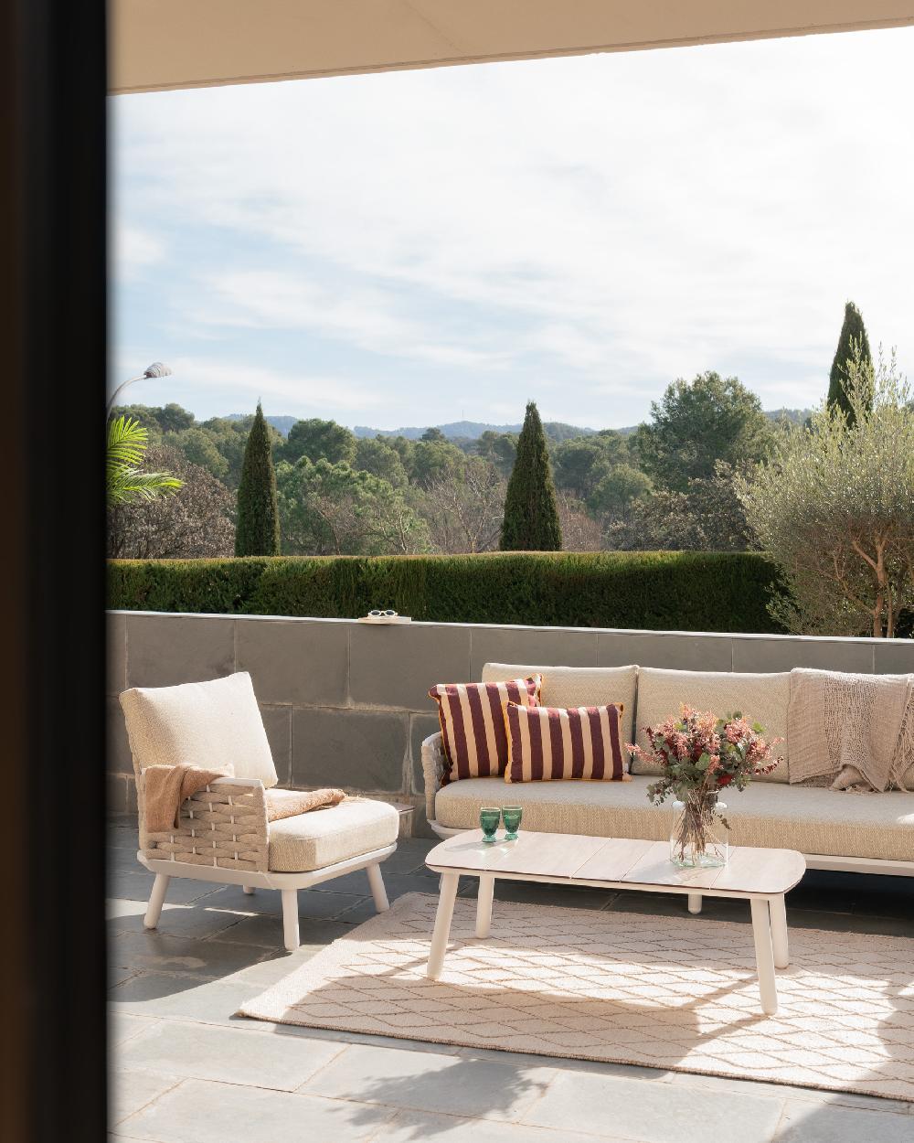 Mesa Baja Jardín Blanco Y HPL Imitación Madera 120x60 - Matilda