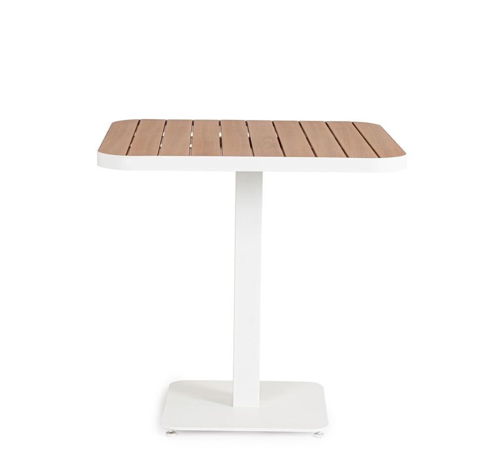 Mesa "BELMAR" En Aluminio Blanco 75x75 Tablero Con Lamas Efecto Madera Base De Acero Para Exterior