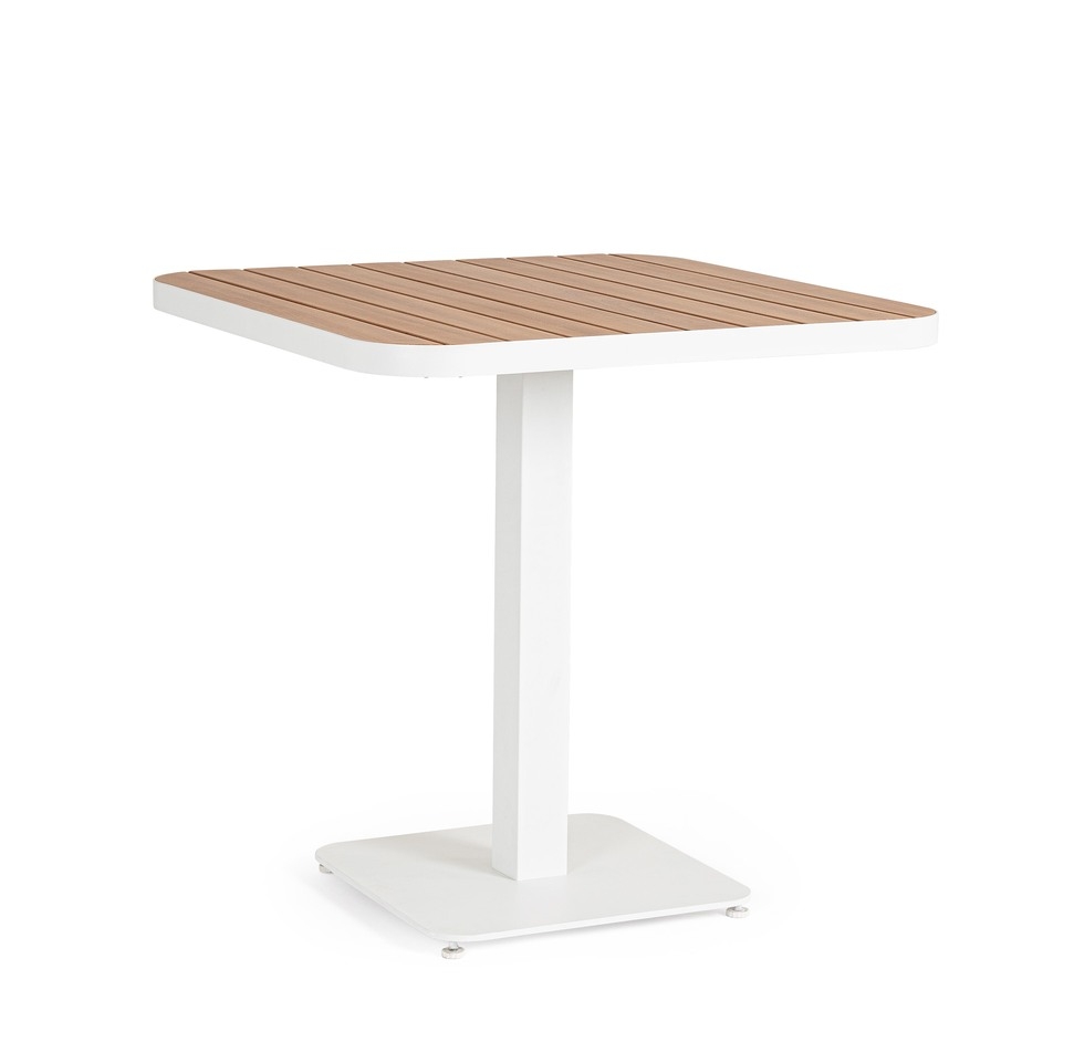 Mesa "BELMAR" en aluminio blanco 75x75 tablero con lamas efecto madera base de acero para exterior