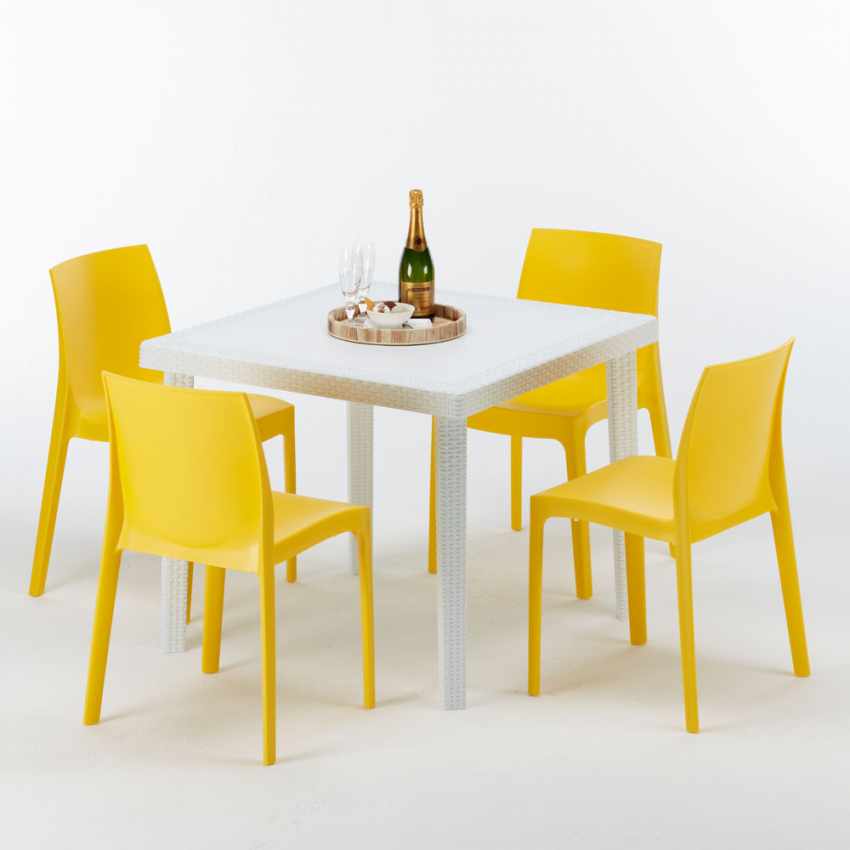 Mesa Cuadrada Blanca 90x90 Cm Y 4 Sillas De Colores Rome Love - Amarillo