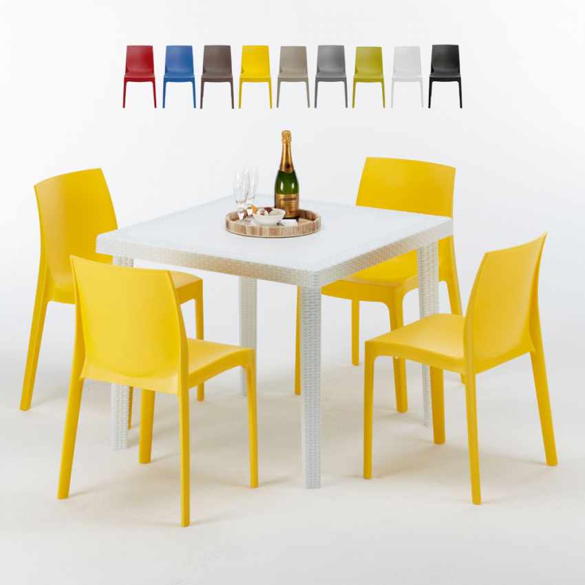 Mesa Cuadrada Blanca 90x90 cm y 4 Sillas De Colores Rome Love - Amarillo