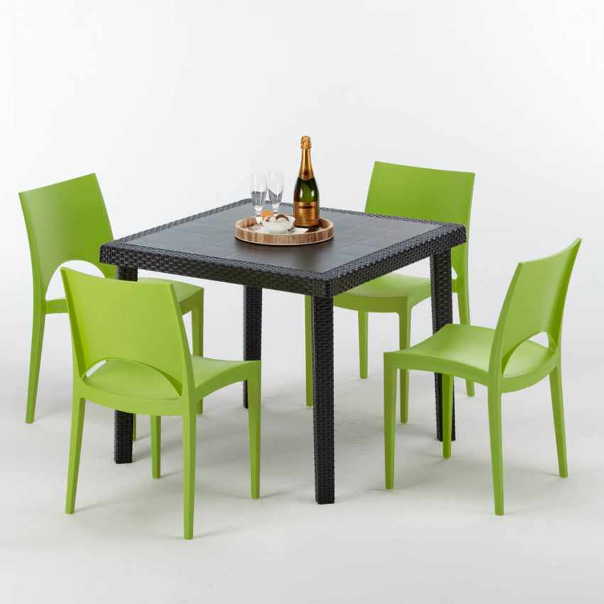 Mesa Cuadrada Negra 90x90 Cm Y 4 Sillas De Colores Paris Passion - Verde