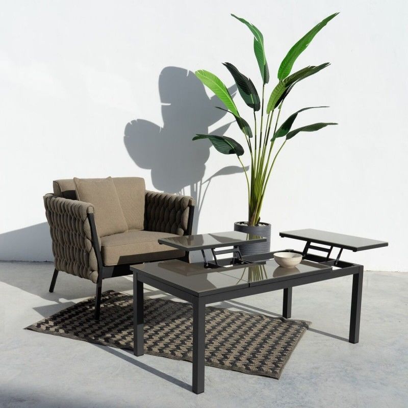 Mesa De Centro Elevable Para Exterior De Cristal Y Aluminio Marrón De 120x60x48 Cm