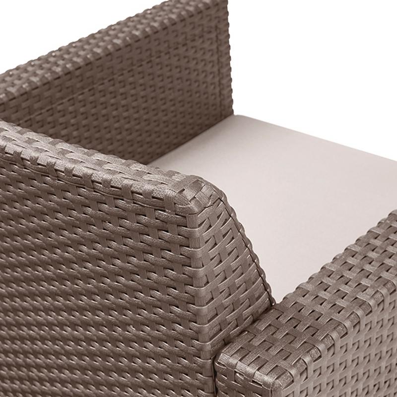 Mesa De Centro Lounge "Alabama" De Resina + Sofá + 2 Sillones Con Cojines Marrones