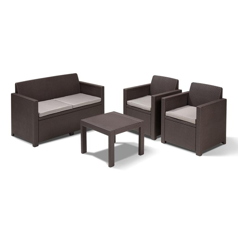 Mesa de centro lounge "Alabama" de resina + sofá + 2 sillones con cojines marrones