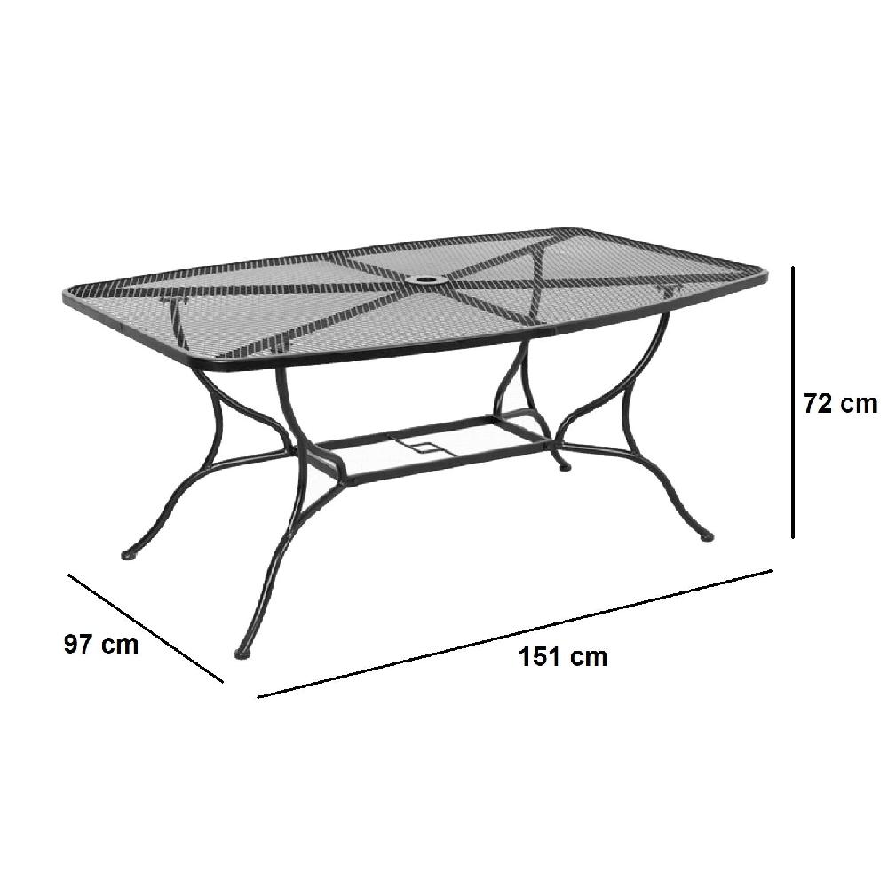 Mesa de comedor de acero Mango con tablero de rejilla y paragüero de fotos para jardín