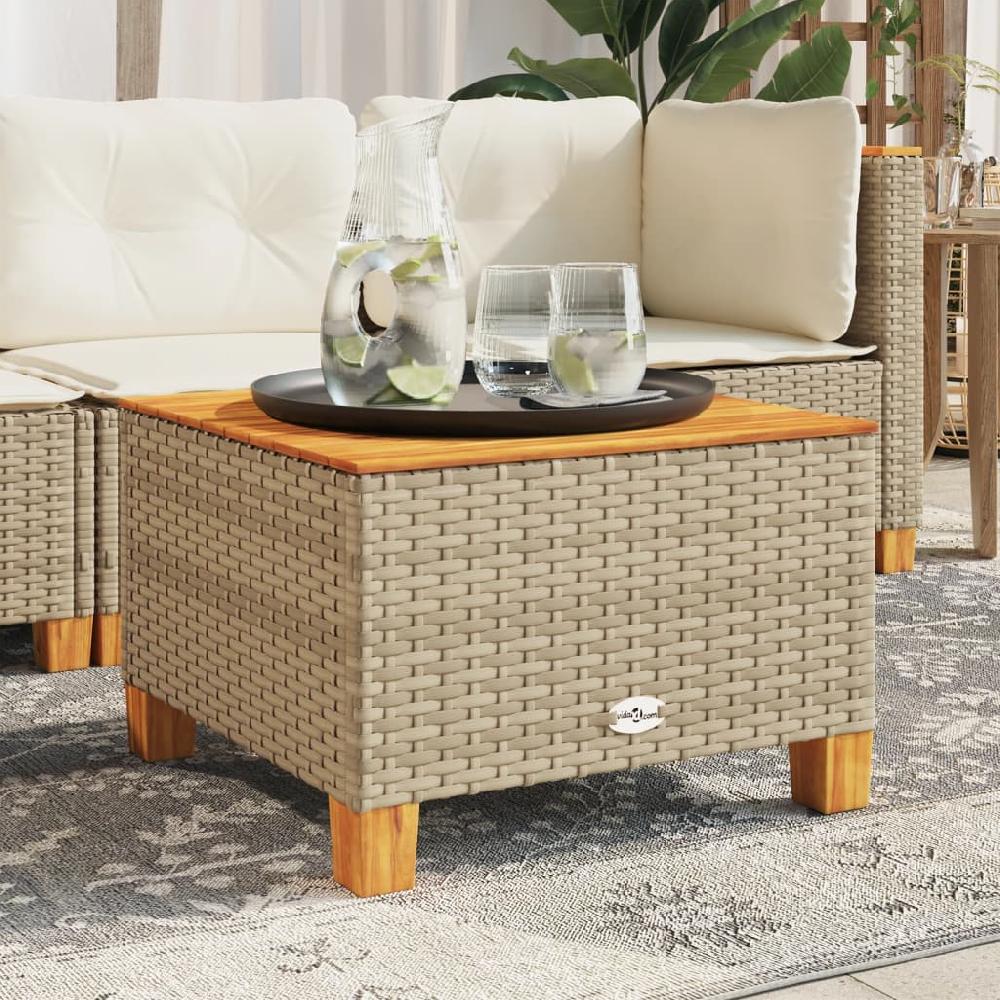Mesa De Jardín Beige 55x55x36 Cm Trenzada De Resina Y Madera De Acacia