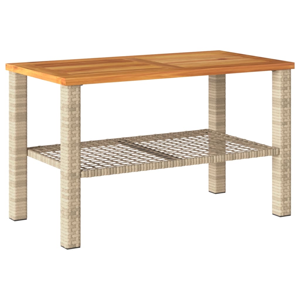 Mesa De Jardín Beige 70x38x42 Cm Trenzada De Resina Y Madera De Acacia