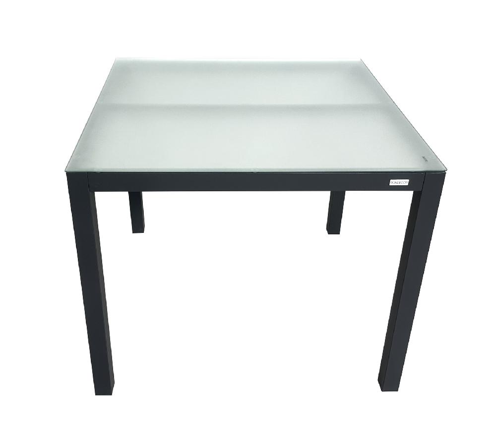 Mesa De Jardín BENIDORM Cuadrada En Aluminio Gris Antracita Y Cristal Glacé. Med: 90x90x74H P.B.:15 5 Kg