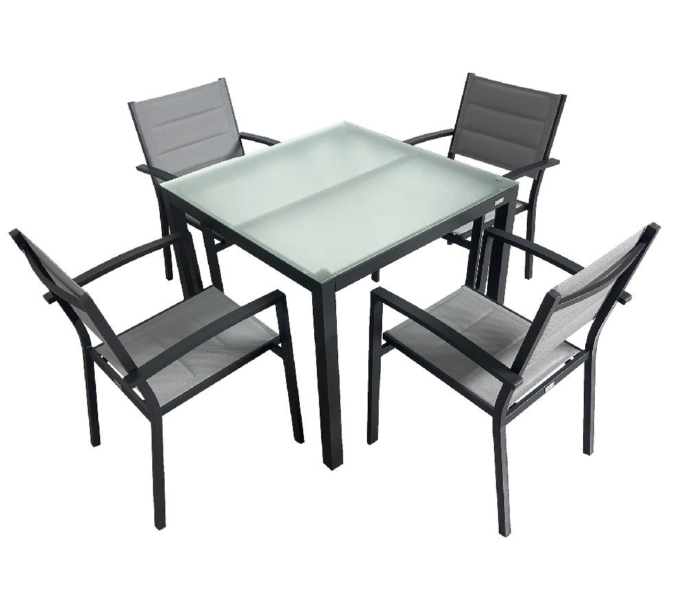 Mesa De Jardín BENIDORM Cuadrada En Aluminio Gris Antracita Y Cristal Glacé. Med: 90x90x74H P.B.:15 5 Kg