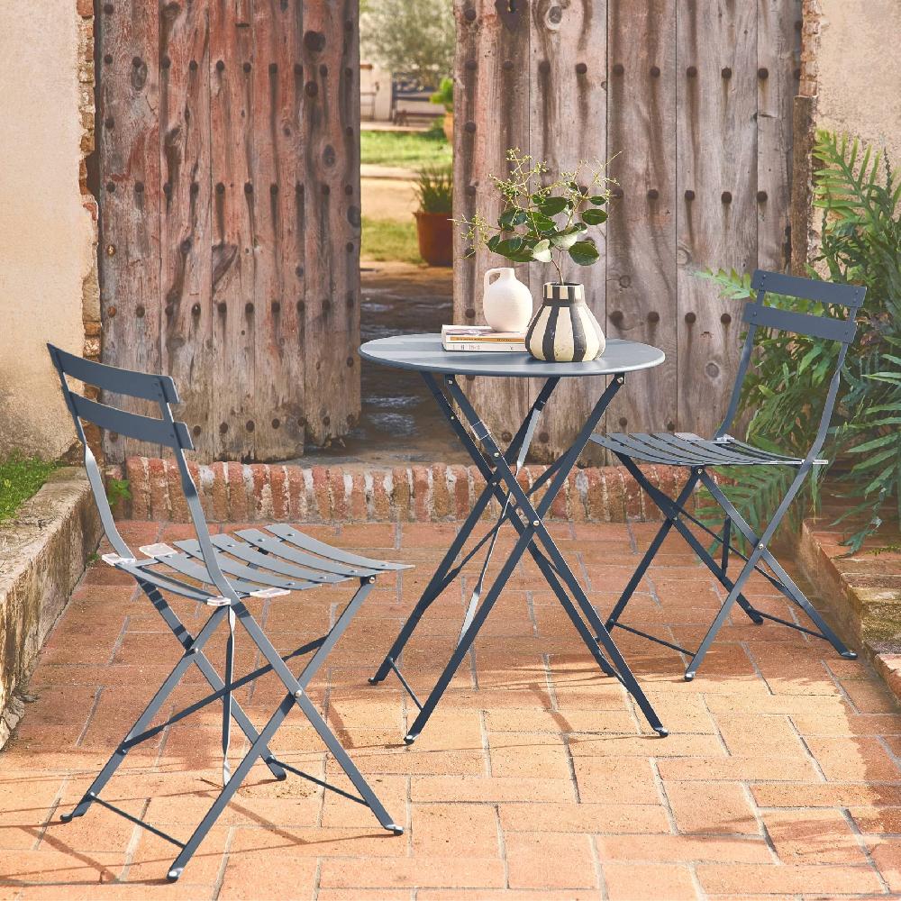 Mesa De Jardín Cuadrada Plegable De Metal 2 Sillas Emilia Azul Gris 60x60x71 Cm