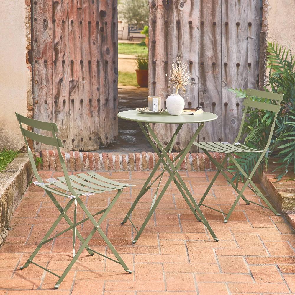 Mesa De Jardín Cuadrada Plegable De Metal 2 Sillas Emilia Verde Grisáceo 60x60x71 Cm