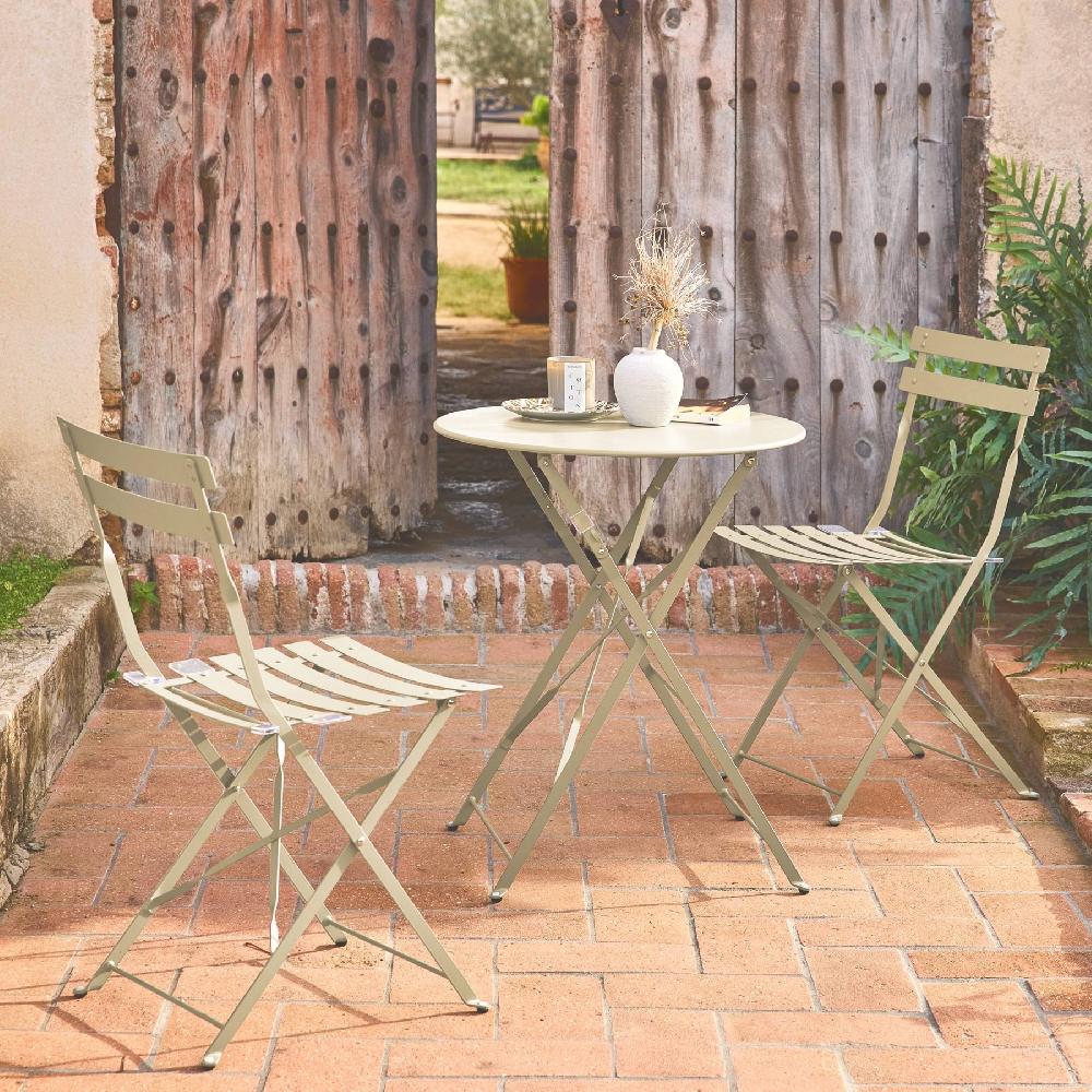 Mesa De Jardín Cuadrada Plegable De Metal 2 Sillas Emilia Beige 60x60x71 Cm