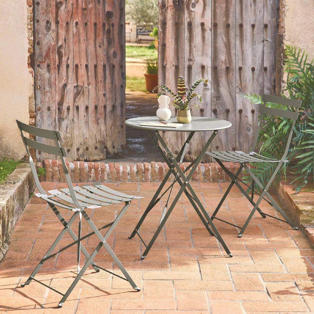 Mesa De Jardín Cuadrada Plegable De Metal 2 Sillas Emilia Verde Kaki 60x60x71 Cm
