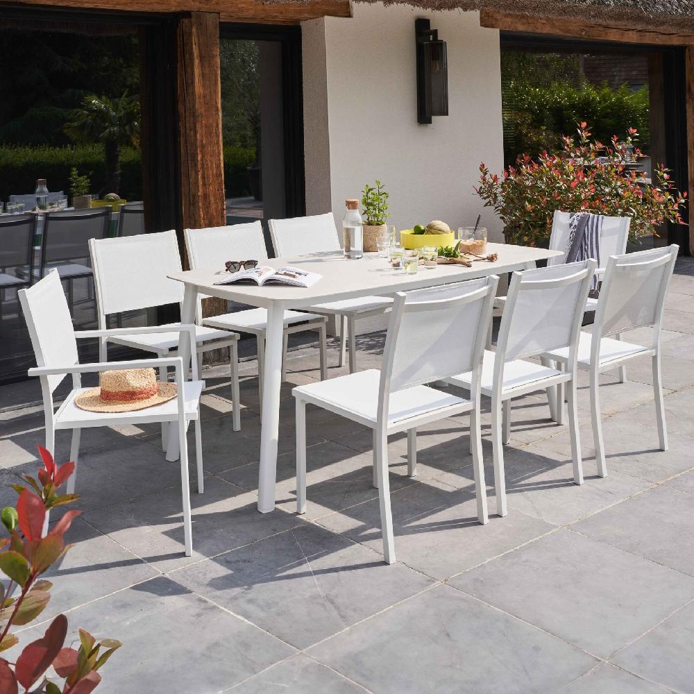 Mesa de jardín de aluminio y piedra 6 sillas y 2 sillones blancos
