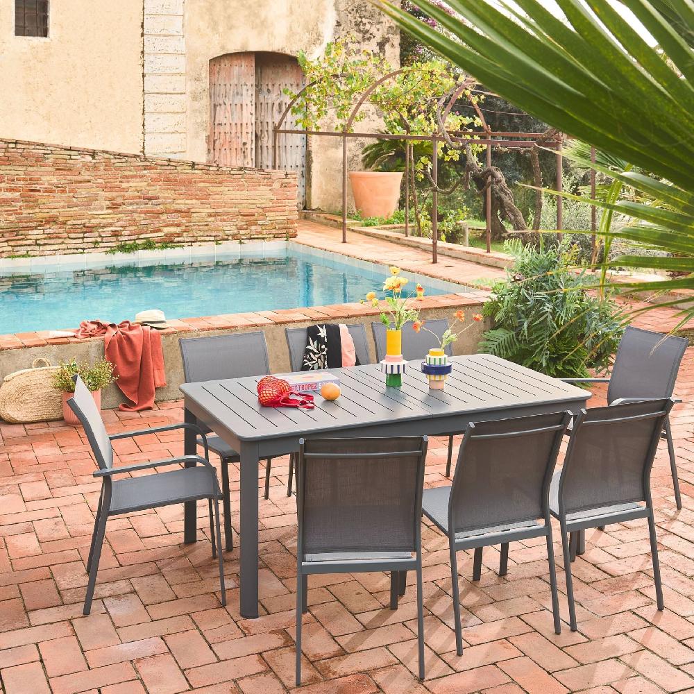 Mesa De Jardín Extensible De Aluminio Con 8 Sillas Seattle + Cleveland + Buffalo Antracita 236.5x100x75 Cm