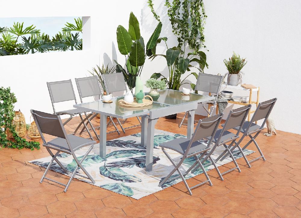 Mesa de jardín extensible de aluminio para 8 personas + 8 sillas MOLVINA