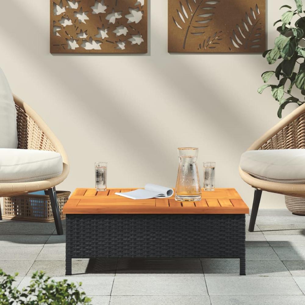 Mesa De Jardín Negra 70x70x25 Cm Trenzada De Resina Y Madera De Acacia