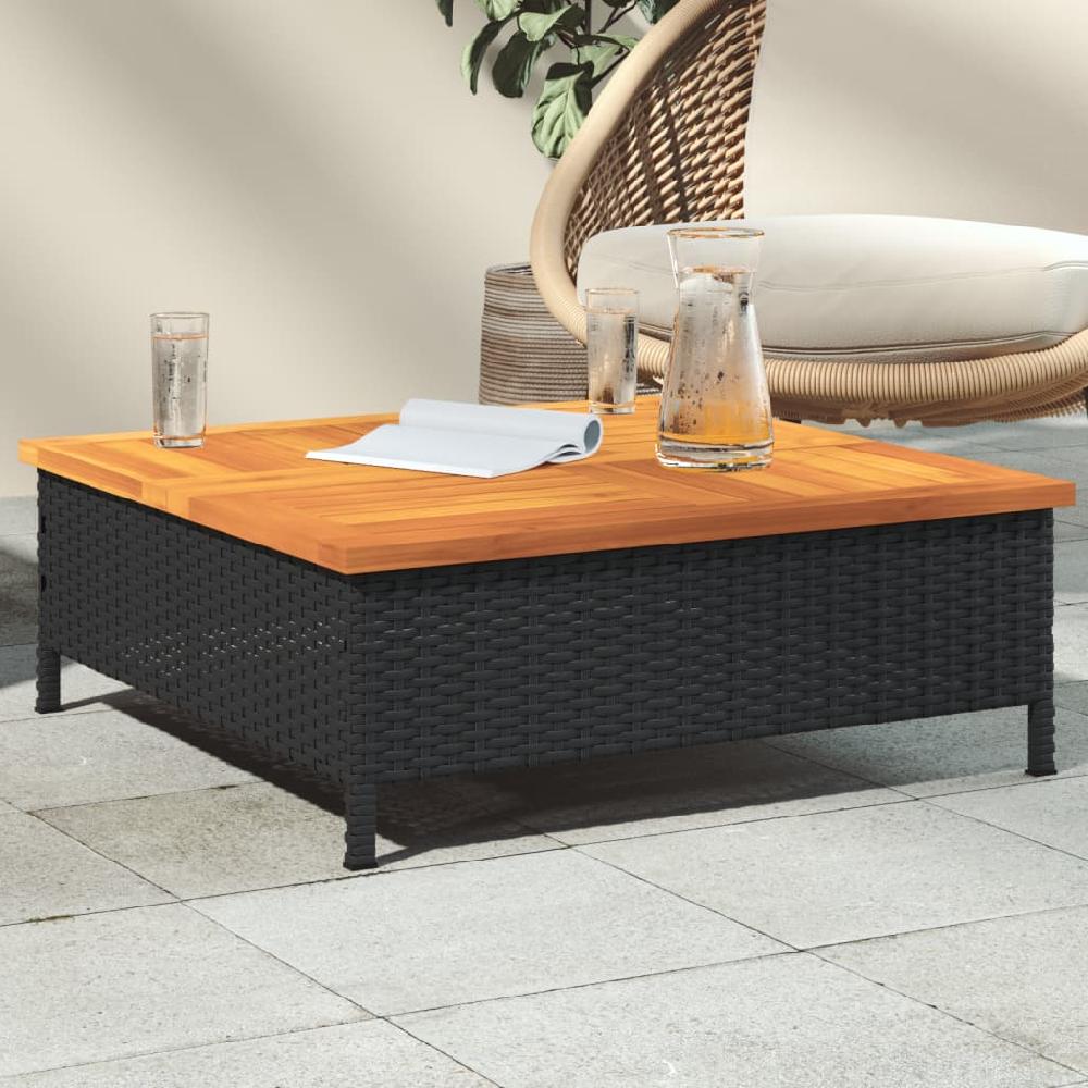 Mesa de jardín negra 70x70x25 cm trenzada de resina y madera de acacia