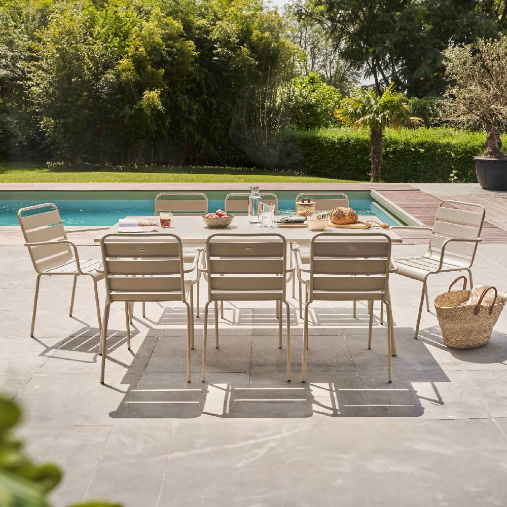 Mesa de jardín y 8 sillas de metal color topo Palavas - Oviala