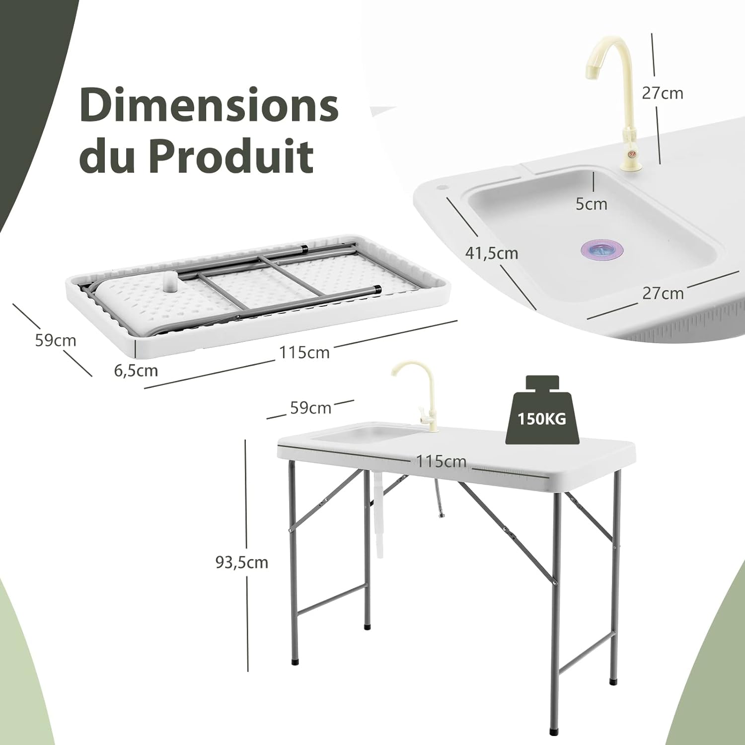 Mesa De Limpieza Con Fregadero Profundo Y Grifo Giratorio De 360° Con Carda De Hierro Para Barbacoa Pícnic 115 X 59 X 94 Cm Carga 150 Kg Blanco