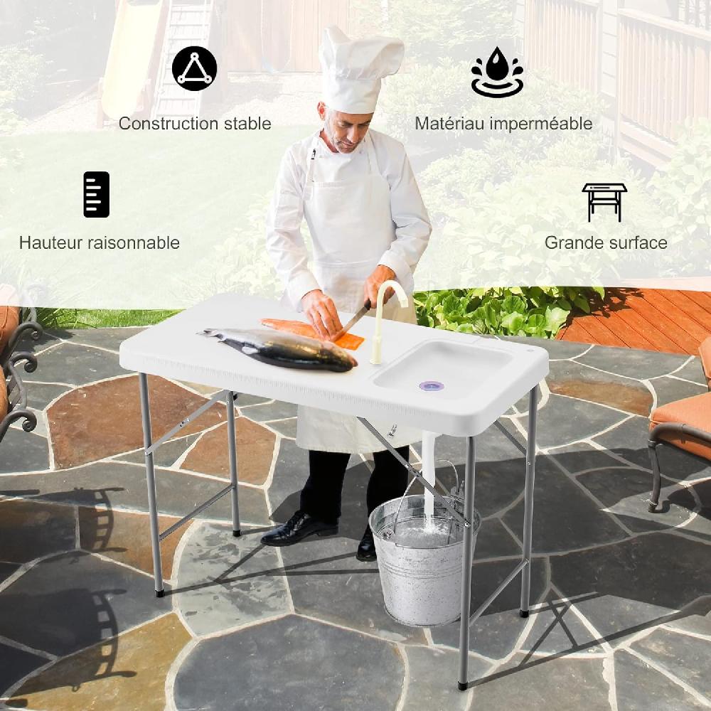 Mesa De Limpieza Con Fregadero Profundo Y Grifo Giratorio De 360° Con Carda De Hierro Para Barbacoa Pícnic 115 X 59 X 94 Cm Carga 150 Kg Blanco