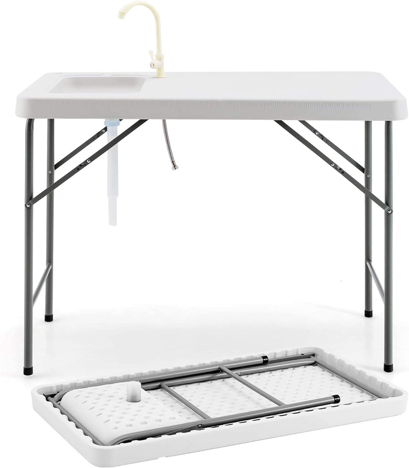 Mesa de limpieza con fregadero profundo y grifo giratorio de 360° con carda de hierro para barbacoa pícnic 115 x 59 x 94 cm carga 150 kg blanco