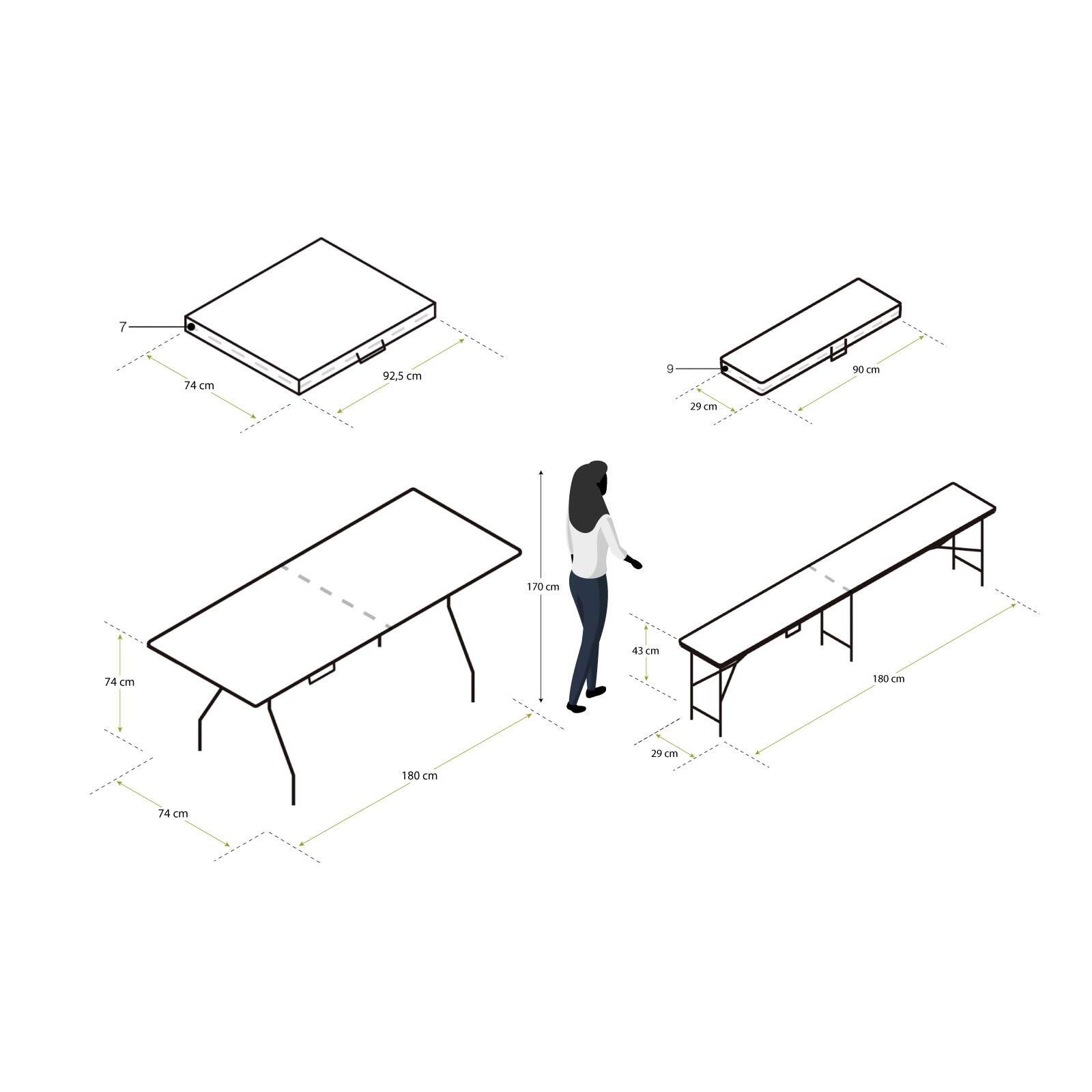Mesa de picnic plegable New Koln de 74x74x180 cm para ocho plazas